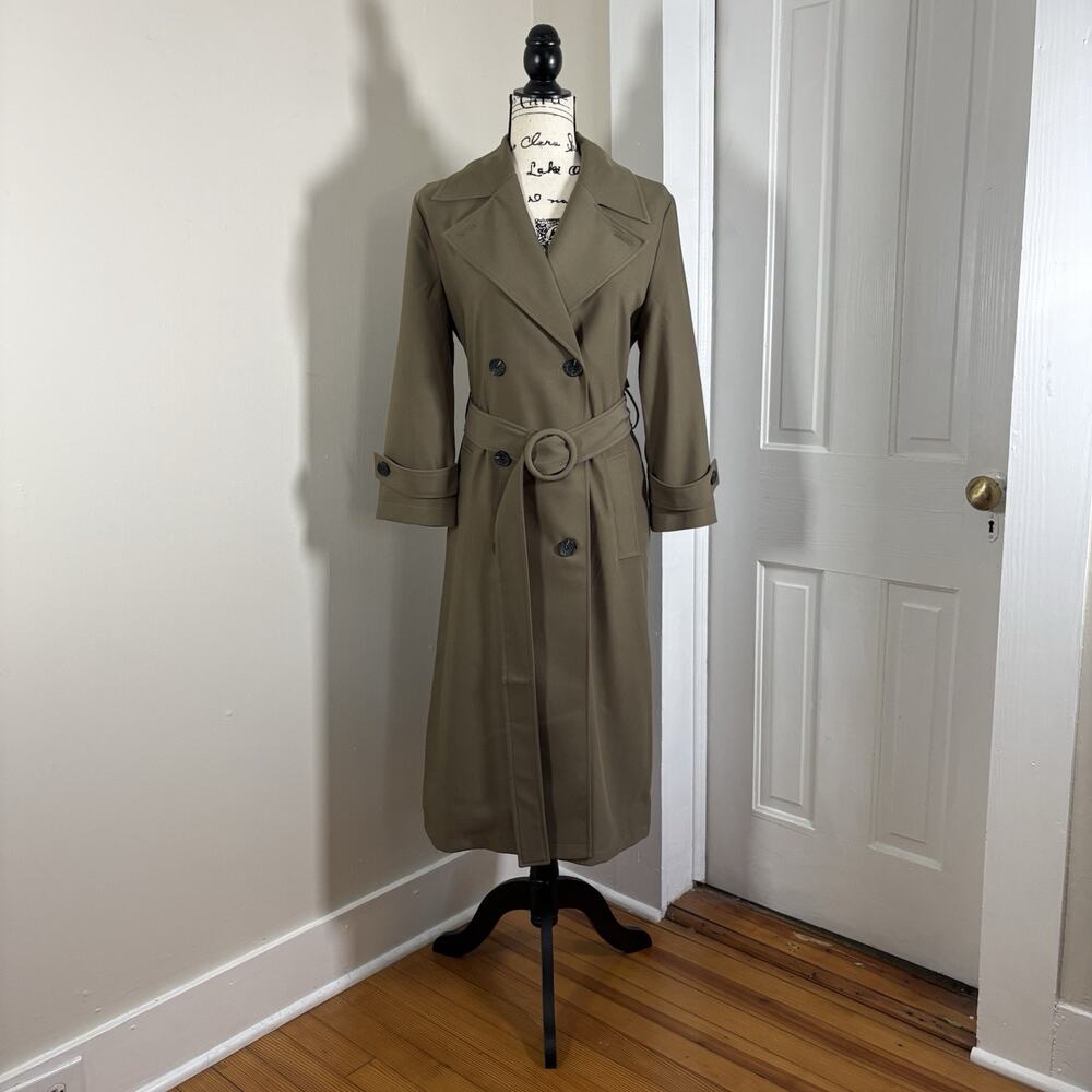 Avec Les Filles Stretch Crepe Double Breasted Belted Trench Coat Olive Green M - Picture 14 of 15